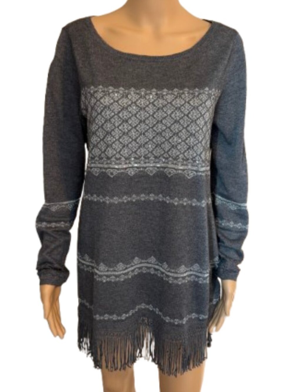 WHBM Women's Gray Metallic Fringe Tunic Lightweight Sweater Top Medium
